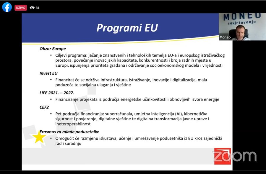 Održana on line radionica na temu 'Mogućnosti financiranja poduzetnika kroz EU sredstva (VFO 2021. – 2027. i NPOO)'