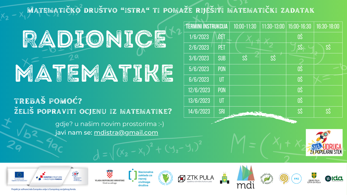 Matematičko društvo „Istra“ najavljuje besplatne radionice rješavanja matematičkih zadataka za školarce